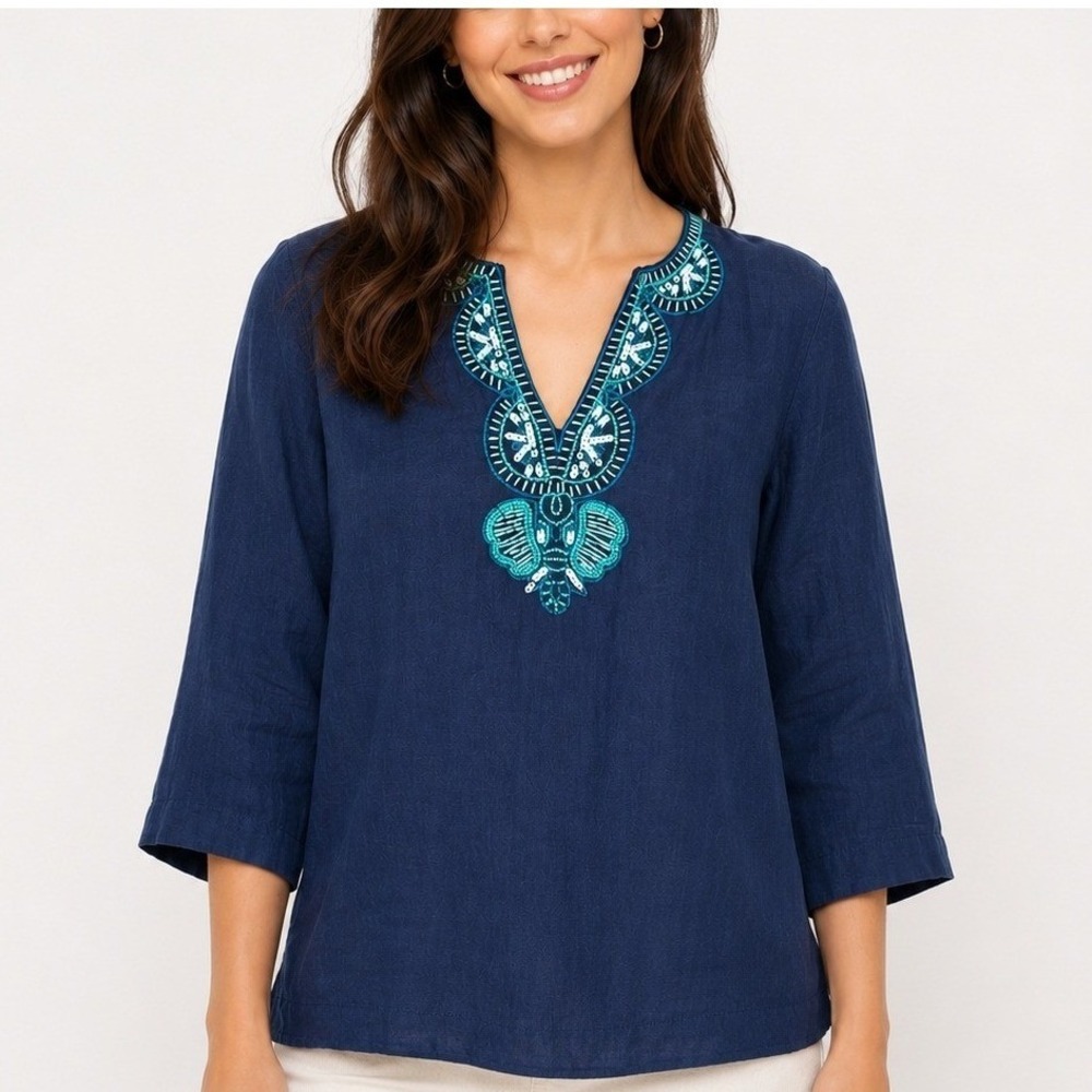 Lilly Pulitzer Amelia Island Linen Tunic Top Sz S Navy Embroidered Beaded Resort